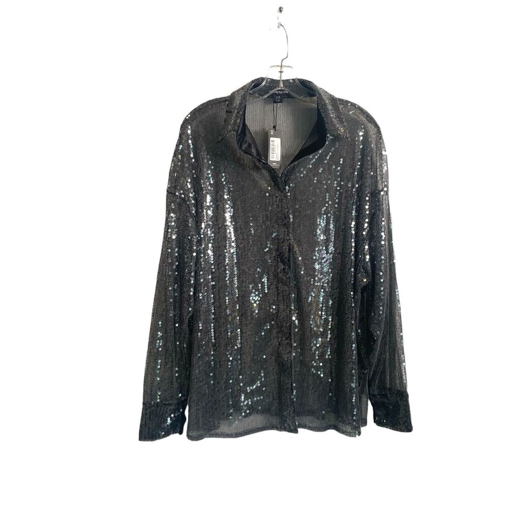 Y2K Pretty Little Thing Oversized Sheer Sequin Dress Shirt Button Up Top Size 6